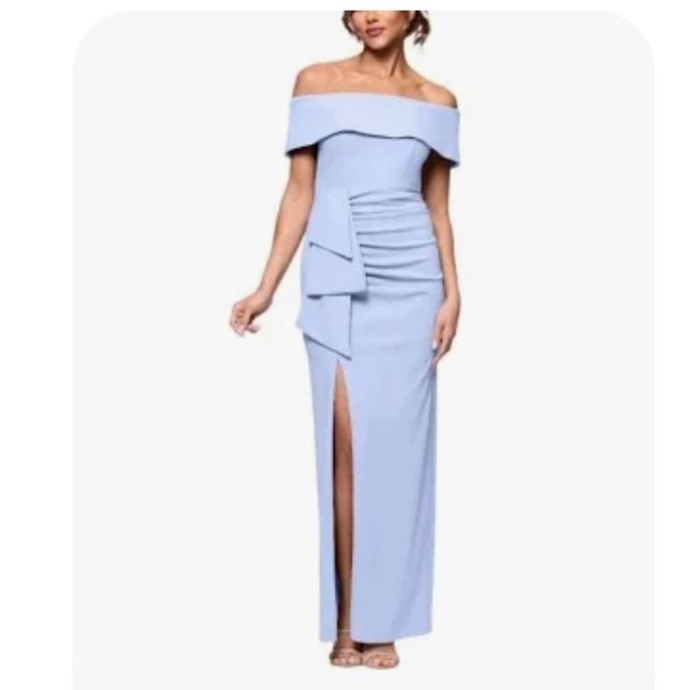 NWT Xscape evenings rushed off the shoulder crepe gown dress light blue 8